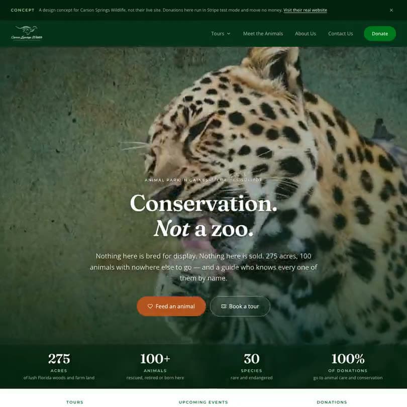 The concept homepage, headlined Conservation. Not a zoo.