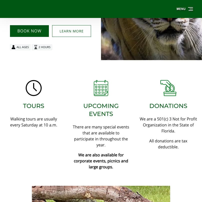The current site's Tours, Events and Donations columns