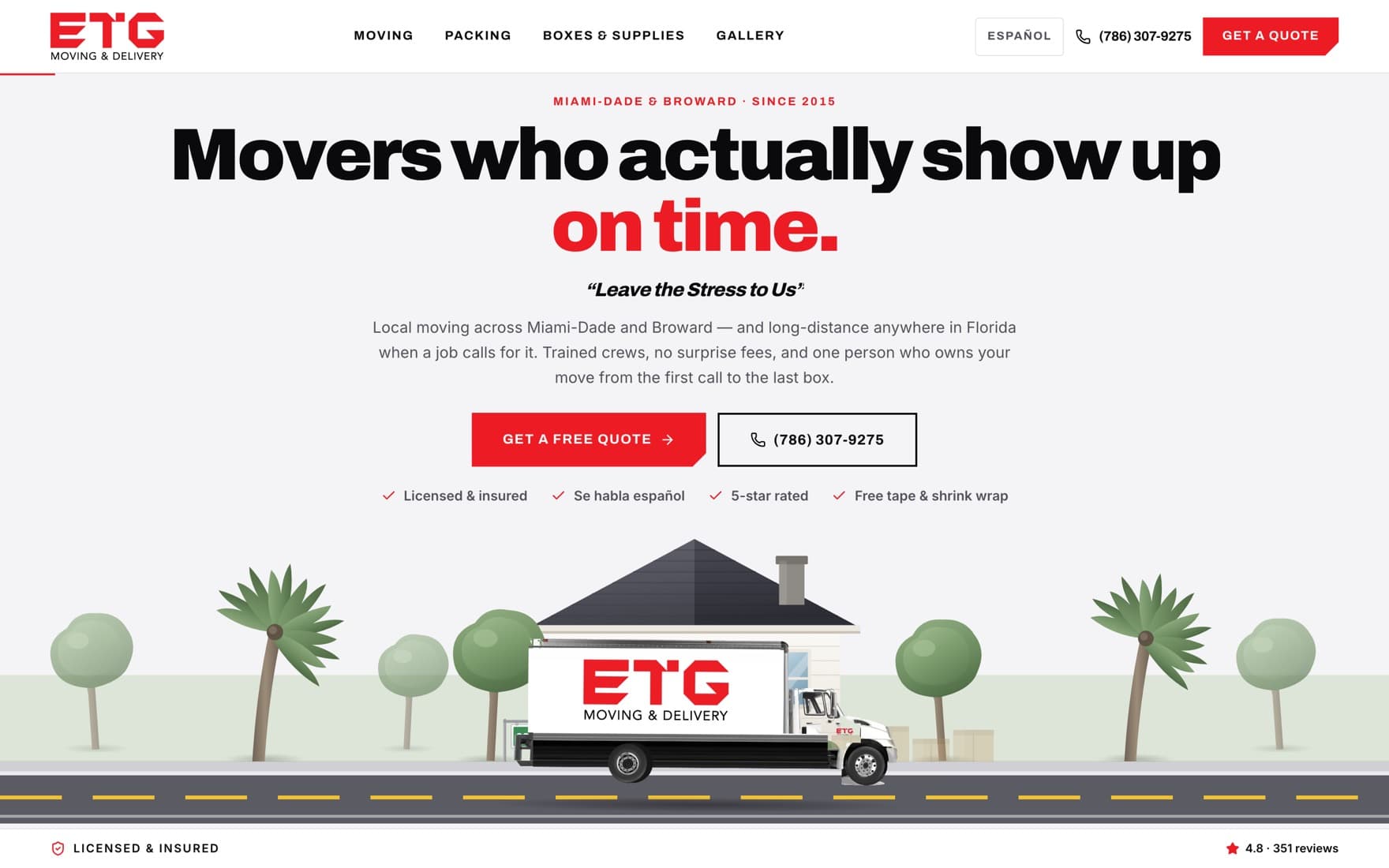The ETG Moving & Delivery homepage Ninewave built, with the truck arriving at the house